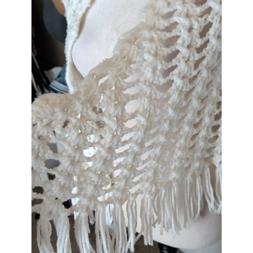 Vintage Handmade Crochet Fringe Shawl Cottagecore Prairie Festival Wrap